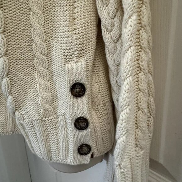 NWT Polo Ralph Lauren Cream 100% Cotton Cable Knit Leather Trim Button Sweater M - Picture 4 of 10
